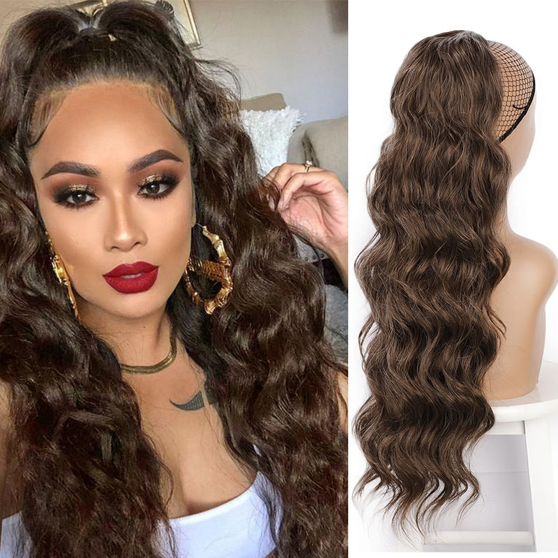 Vigorous Synthetic Long Body Wavy Drawstring Ponytail  for Women Synthetic Wave Hair Extension Clip in Hairpiece Black Fake Hair