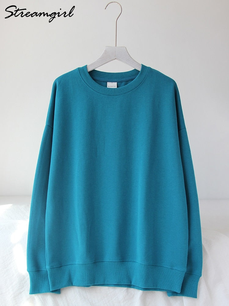 Spring Cotton Pullover Sweatshirts Oversize Women O Neck Loose Long Sleeve Top Solid Oversized Green Sweatshirt For Women 2023