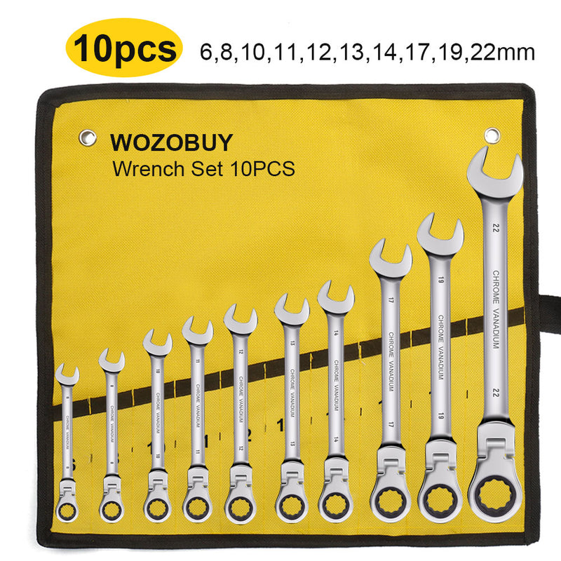 WOZOBUY Flex Head Ratcheting Wrench Set- Metric Ratchet Combination Wrenches CrV Gear Spanner Set Car Key Wrench Repair Tool Set