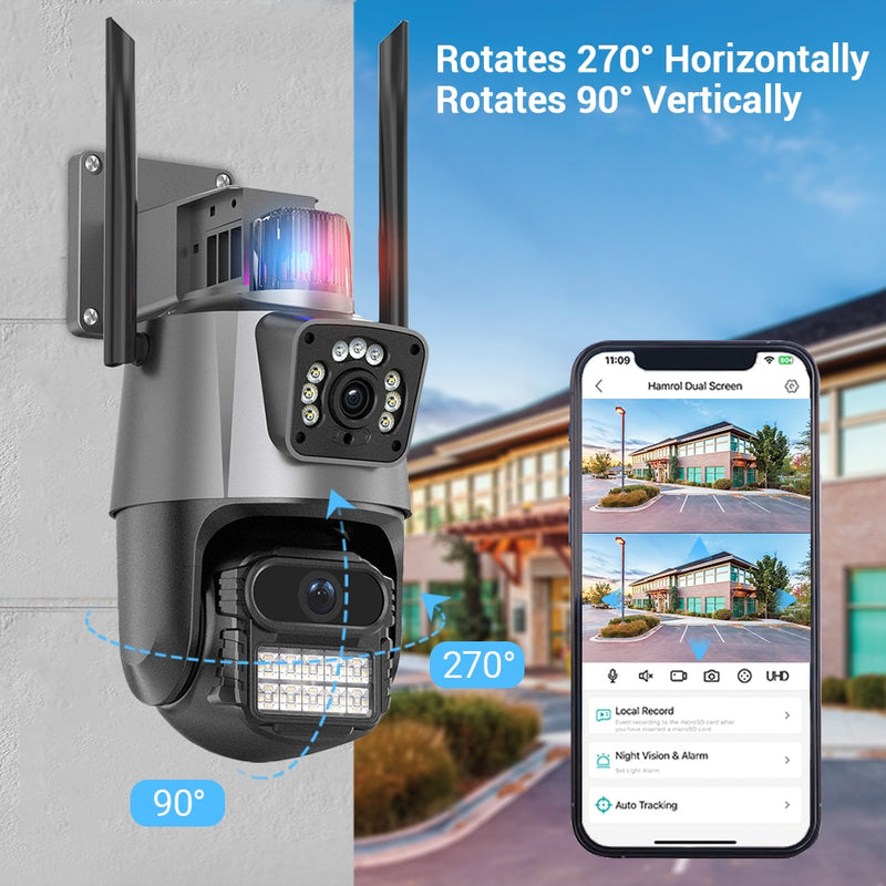 8MP 4K PTZ Wifi IP Camera Dual-Lens AI Auto Tracking Anti-theft Siren Dual Screen 4MP Waterproof Outdoor Surveillance Camera