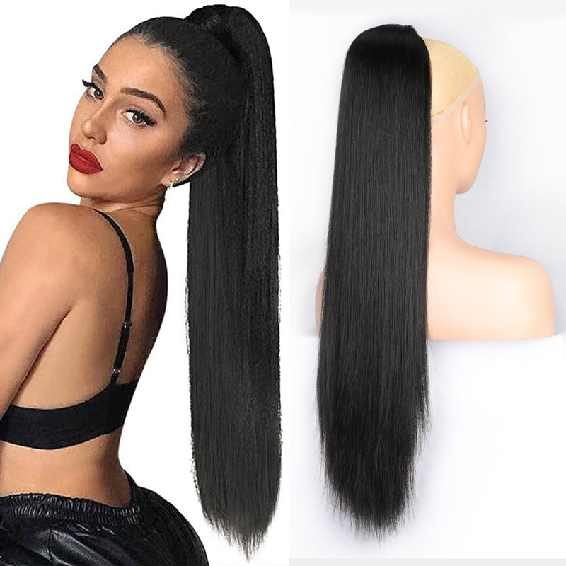 Vigorous Synthetic Long Body Wavy Drawstring Ponytail  for Women Synthetic Wave Hair Extension Clip in Hairpiece Black Fake Hair