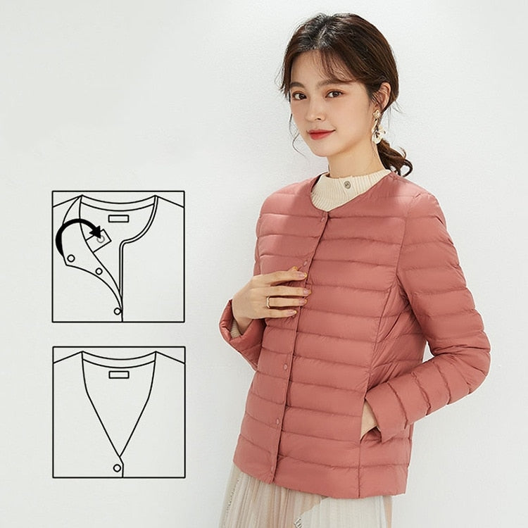 Women Liner Duck Down Jacket O-neck Variable V-neck 2022 New Female Winter Keep Warm Collarless Ultralight Quilted Puffer Coat