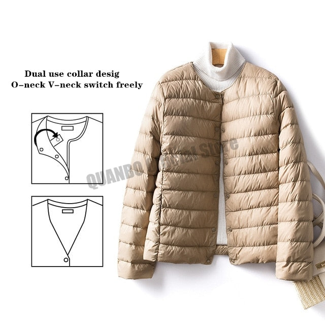 Women Liner Duck Down Jacket O-neck Variable V-neck 2022 New Female Winter Keep Warm Collarless Ultralight Quilted Puffer Coat