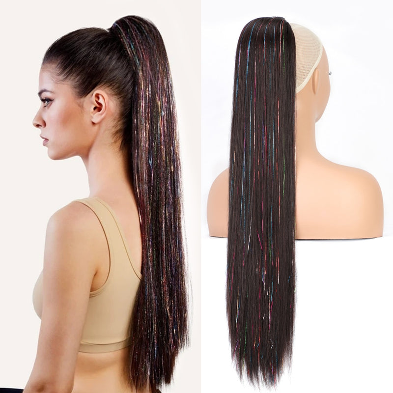 Vigorous Synthetic Long Body Wavy Drawstring Ponytail  for Women Synthetic Wave Hair Extension Clip in Hairpiece Black Fake Hair