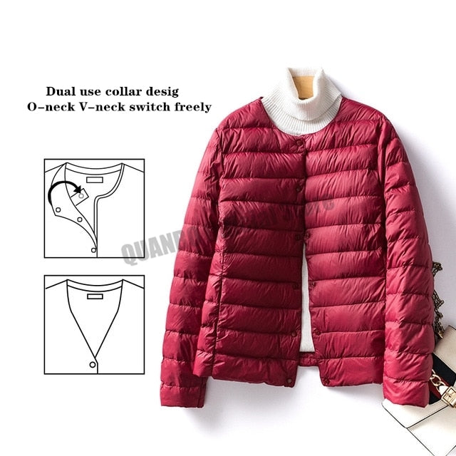 Women Liner Duck Down Jacket O-neck Variable V-neck 2022 New Female Winter Keep Warm Collarless Ultralight Quilted Puffer Coat