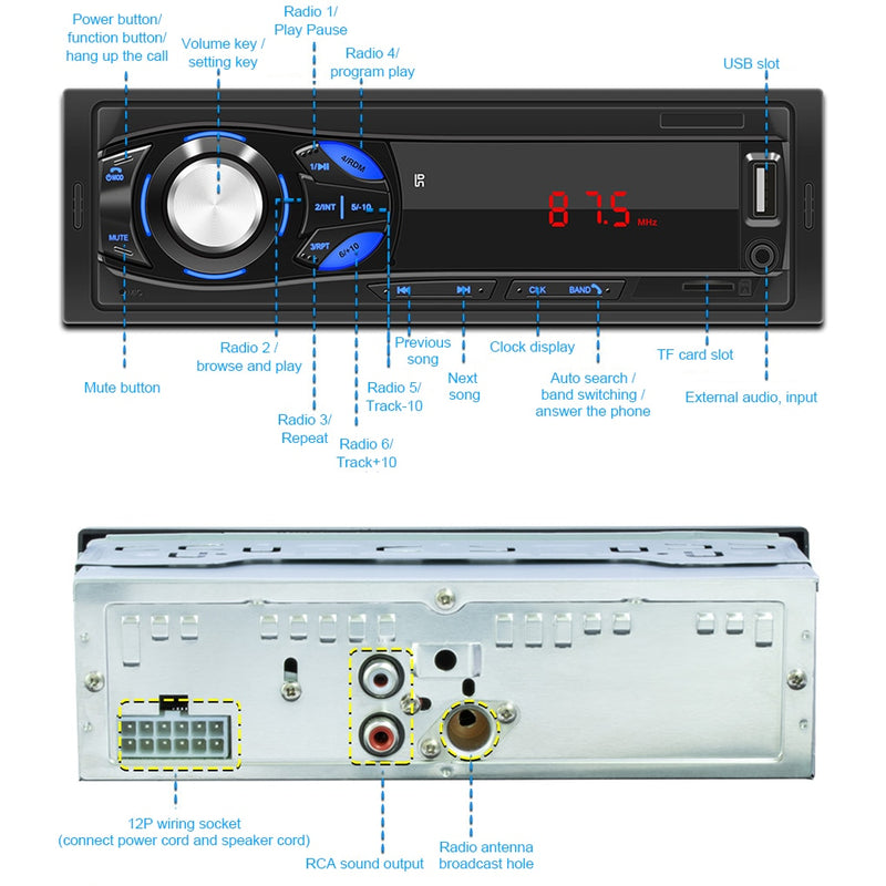 Car Stereo Radio 1030 1044 MP3 WMA WAV player Bluetooth hot sale floor price FM SD USB AUX Multiple EQ 1 DIN 12V