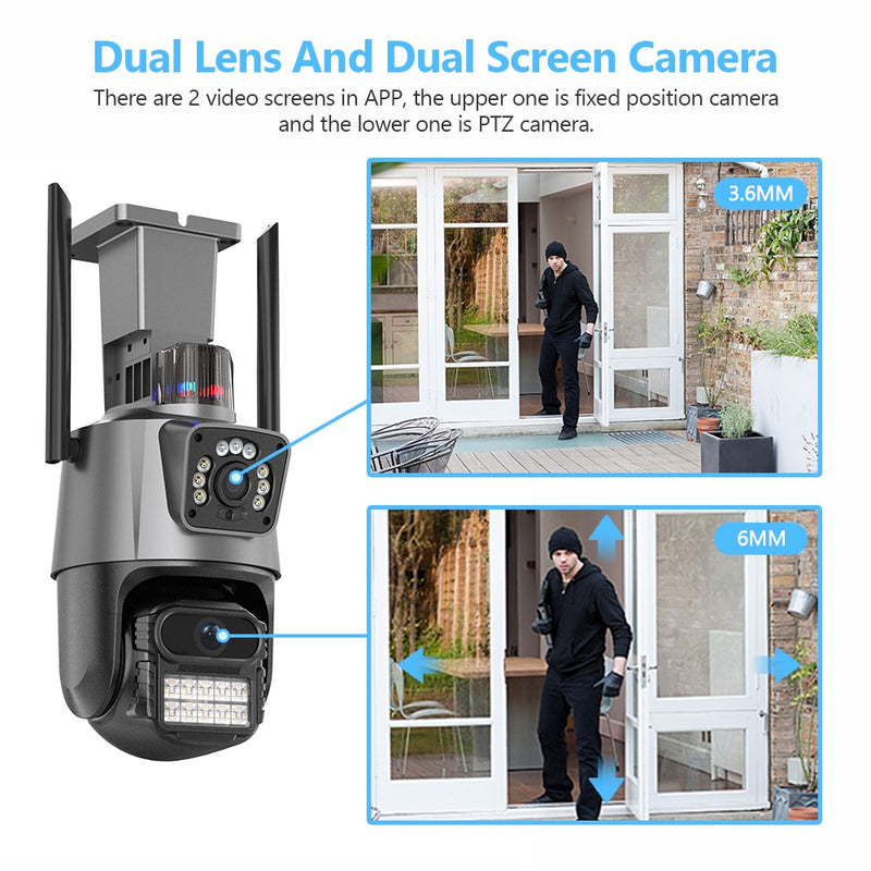 8MP 4K PTZ Wifi IP Camera Dual-Lens AI Auto Tracking Anti-theft Siren Dual Screen 4MP Waterproof Outdoor Surveillance Camera