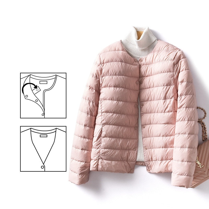 Women Liner Duck Down Jacket O-neck Variable V-neck 2022 New Female Winter Keep Warm Collarless Ultralight Quilted Puffer Coat