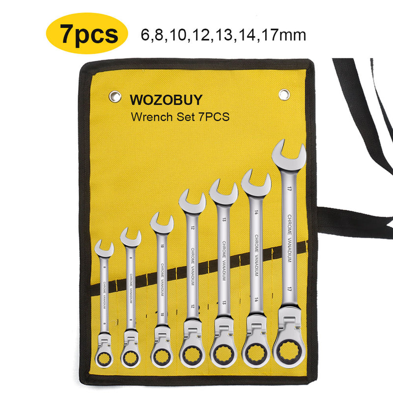 WOZOBUY Flex Head Ratcheting Wrench Set- Metric Ratchet Combination Wrenches CrV Gear Spanner Set Car Key Wrench Repair Tool Set