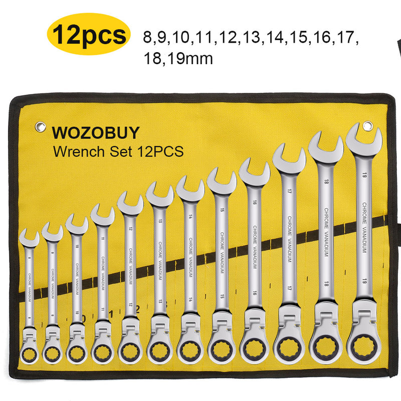 WOZOBUY Flex Head Ratcheting Wrench Set- Metric Ratchet Combination Wrenches CrV Gear Spanner Set Car Key Wrench Repair Tool Set