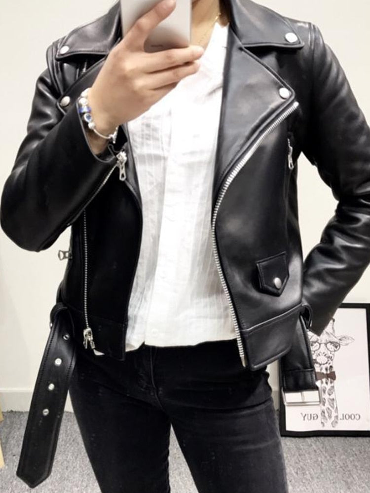 Ailegogo New Women Spring Autumn Black Faux Leather Jackets Zipper Basic Coat Turn-down Collar Motor Biker Jacket With Belt