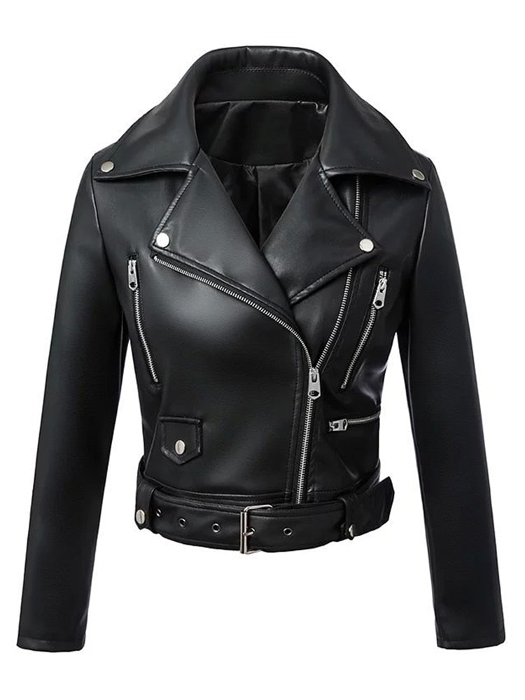 Ailegogo New Women Spring Autumn Black Faux Leather Jackets Zipper Basic Coat Turn-down Collar Motor Biker Jacket With Belt