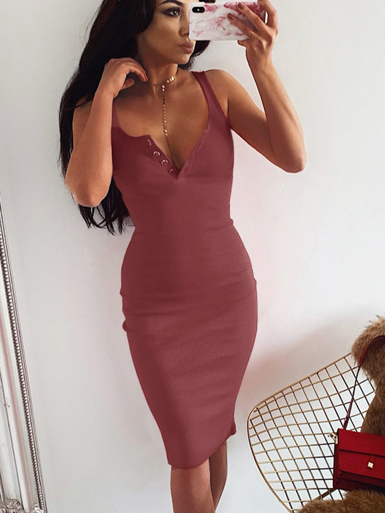 WannaThis Knee-Length Dress Knitted Elastic Sleeveless Bodycon elegant Women 2019 Summer Sexy V-Neck Button Party Slim Dresses