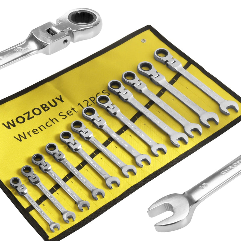 WOZOBUY Flex Head Ratcheting Wrench Set- Metric Ratchet Combination Wrenches CrV Gear Spanner Set Car Key Wrench Repair Tool Set