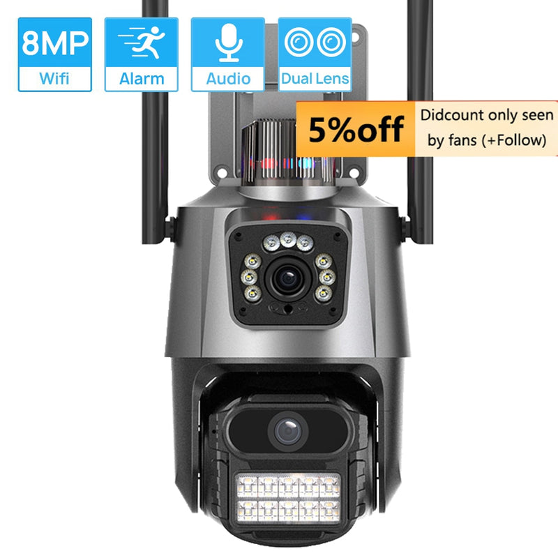 8MP 4K PTZ Wifi IP Camera Dual-Lens AI Auto Tracking Anti-theft Siren Dual Screen 4MP Waterproof Outdoor Surveillance Camera